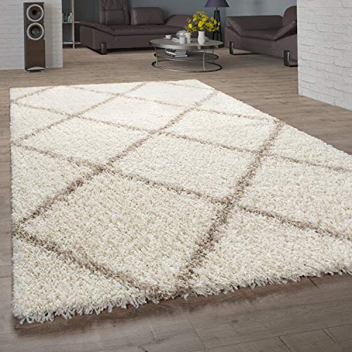 Alfombra Salón Pelo Largo Shaggy Diseño Escandinavo Diseño Rombos Moderna Beige, tamaño:80x150 cm