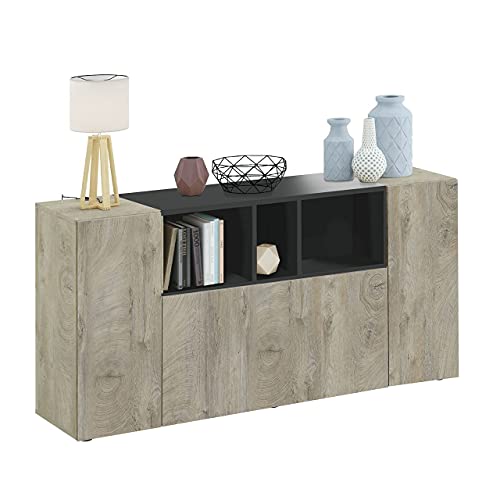 Aparador 3 Puertas, Buffet para salón, Armario Auxiliar, Modelo Loira, Acabado en Roble Alaska y Blanco Artik, Medidas: 150 cm (Ancho) x 76 cm (Alto) x 41 cm (Fondo)