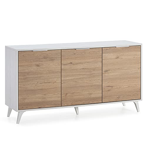 Aparador Koln 3 Puertas, Color Blanco Cepillado y Madera, 136,5 cm (Ancho) 40 cm (Profundo) 72,5 cm (Altura)