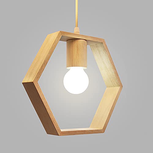 Artpad Nordic Wooden Hexagon Geometric Colgante Lights Single Head Hanging Comedor Bar Restaurant Lámpara de madera con 5w Bombilla blanca