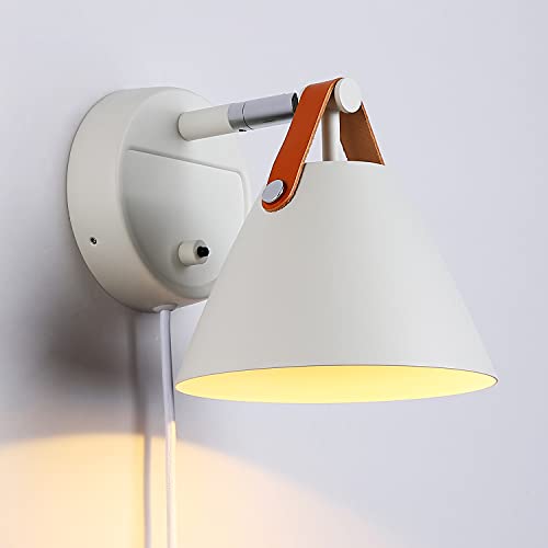 BarcelonaLED Aplique de Pared Con Cable e Interruptor Enchufe Nórdico Blanco Con Correa de Piel Casquillo GU10 para Dormitorio Cama Salón Mesita de Noche