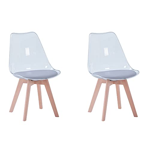 BenyLed Juego de 2 sillas de Comedor de Estilo escandinavo, diseño Retro, sillas Laterales de acrílico Transparente, Silla de Cristal con cojín tapizado de PU (Gris)
