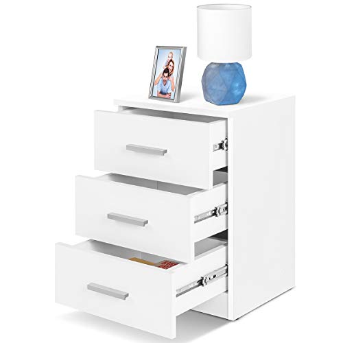 COMIFORT Mesa de Noche - Mesita Auxiliar para el Dormitorio de Estilo Nórdico, Moderna y Minimalista, con 3 Espaciosos Cajones, Muy Resistente, de Color Blanco y Roble