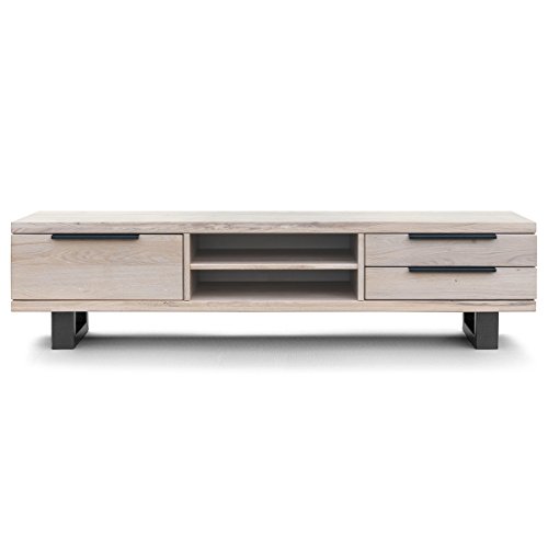 COMIFORT Mueble de TV - Mesa de Salón de Estilo Moderno con Puerta Abatible con Estantes de Gran Almacenaje, Muy Resistente, Fabricada en Europa, Color Blanco y Roble