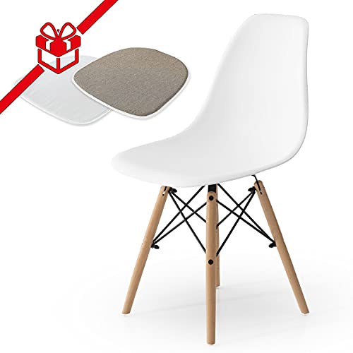 COMIFORT Silla de Comedor con Patas de Madera de Haya - Pack 4 uds. Estructura de Metal. Silla de Cocina con Diseño Ergonomico, Patas Antideslizantes y Cojin Dos Colores - ARCALIS Blanco