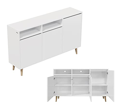 Cómoda aparador de 150 cm de ancho para TV, mueble auxiliar con 3 puertas y estantes abiertos estilo escandinavo (patas de madera de 16 cm, blanco, 150 cm de ancho)