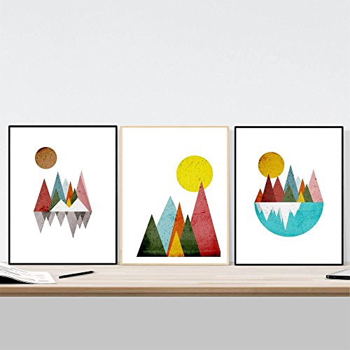 Conjunto de 3 láminas para enmarcar montañas geométricas. Carteles de estilo nórdico con imágenes geométricas, tamaño A3. Decoración del hogar.