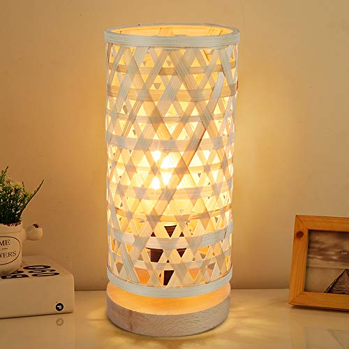 Depuley Moderna lámpara de mesa LED redonda bambú y madera, decorativa Nature con casquillo E14 máx. 40 W, lectura para dormitorio, habitación los niños, bombilla incluida