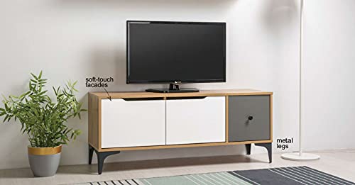 Dynamic24 - Aparador para televisión (124 x 38 x 50,6 cm, estilo escandinavo), color blanco mate, gris y roble
