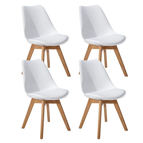 EGGREE Pack de 4 Sillas de Comedor Sillas Cocina Nórdico con Asiento Tapizado y Las piernas de Madera de Haya Maciza - Blanco