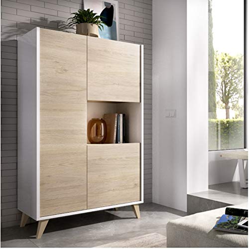 HABITMOBEL Mueble aparador Vitrina, Acabado Roble y Blanco, Medidas: 81 cm (Ancho) x 43 cm (Fondo) x 135 cm (Alto) - Stock