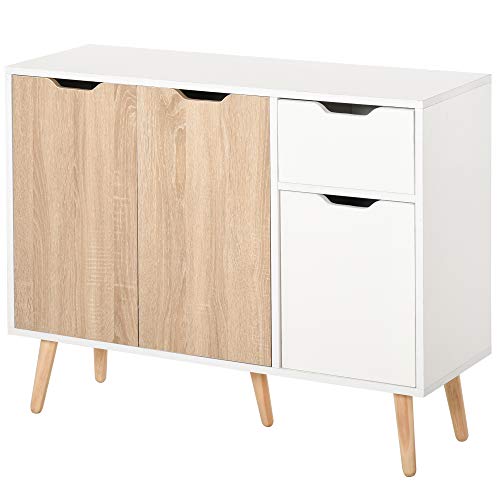 HOMCOM Aparador Auxiliar Mueble de Almacenaje de Salón con 2 Armarios con Puertas y Cajón de Madera para Sala de Estar Cocina Dormitorio 90x30x72 cm Blanco y Natural