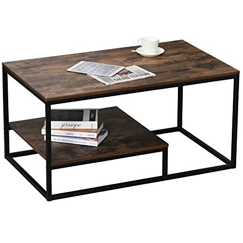 HOMCOM Mesa de Centro Industrial Mesa de Café Diseño Retro Estante Inferior Base de Metal Estable 100x60x50 cm Color Madera Envejecida