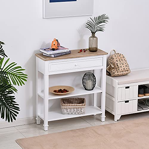 HOMCOM Mesa de Consola Multifuncional Mesa Auxiliar para Sala Pasillo Comedor con 2 Estantes 1 Cajón Extraíble Manija Estilo de Retro Pino 75,6x27,5x80,5 cm Madera Natural Blanco