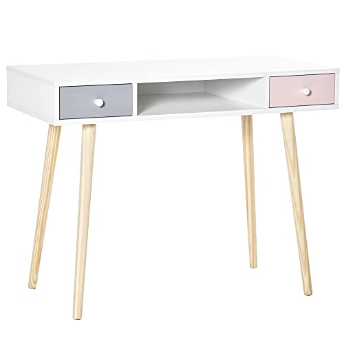 HOMCOM Mesa de Escritorio Infantil Mesa Consola con 1 Compartimento Abierto y 2 Cajones Estilo Nórdico para Estudio Entrada Dormitorio 100x48x76,5 cm Multicolor