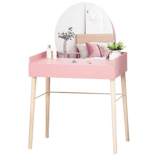 HOMCOM Tocador Mesa de Maquillaje con Espejo Redondo Cajón y Patas de Madera Maciza Estilo Moderno Nórdico para Dormitorio Vestidor 76x48x123,5 cm Rosa