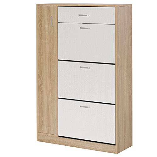 HOMCOM Zapatero de 3 Puertas para 18-27 Pares de Zapatos con Cajón y Armario Anti-Vuelco para Salón Entrada Dormitorio 84x30x132 cm Madera Natural