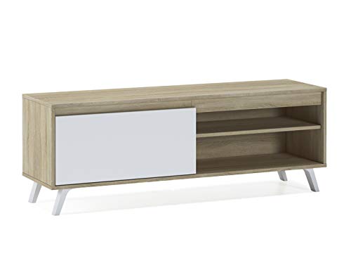 Home Heavenly® - Mueble TV salón Comedor Dallas, Mesa televisión Estilo nórdico con Amplio Espacio de almacenaje, fabricación Europea en Blanco y Blanco/Roble Natural (140 cm, Blanco)