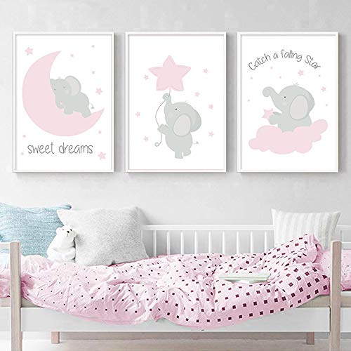 Juego de 3 Laminas 30x40 Infantiles Bebe Niño Animales Elefante Luna Estrella Nube Rosa Poster Citas Cuadros Impresión en Lienzo Decoración Habitación Niña Regalo Sin Marco RLQ