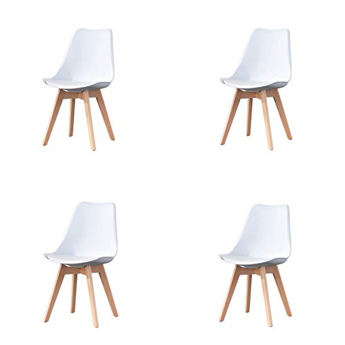 Juego de 4 sillas de comedor clásicas clásicas nórdicas de cuero con patas de madera maciza para muebles de hogar y oficina comercial (blanco)