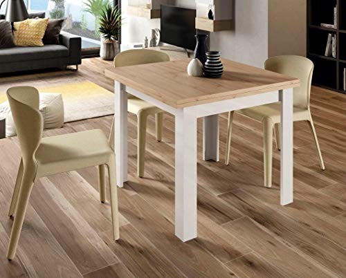 KITKAY Mesa de Comedor Xenia Extensible Tipo Libro de 90x90 cm. Roble/Blanco Brillo Lacado