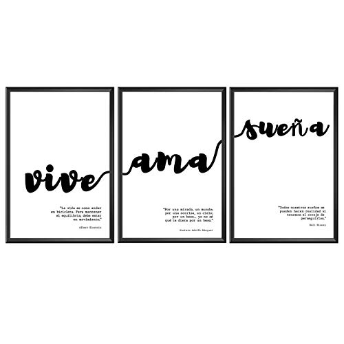 Láminas Decorativas para Enmarcar. Set de 3 Láminas Modernas Estilo Nórdico de Frases Motivadoras en Blanco y Negro [Vive, AMA, SUEÑA]. Láminas Decorativas para Salón | 30 x 42 cm.