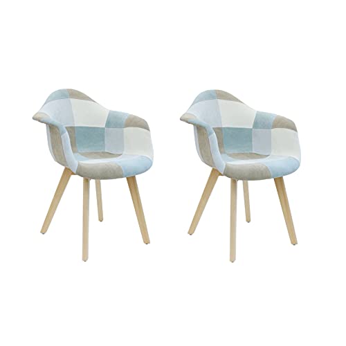 Lote de 2 sillones para salón, Comedor, Multicolor, Patchwork escandinavo, Madera, Tejido Azul Claro