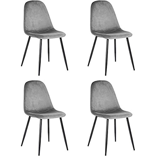 MEUBLE COSY Juego de 4 sillas de estilo escandinavo con asiento y respaldo recubiertas de terciopelo gris, patas de metal con acabado en negro, 44 x 53 x 86 cm