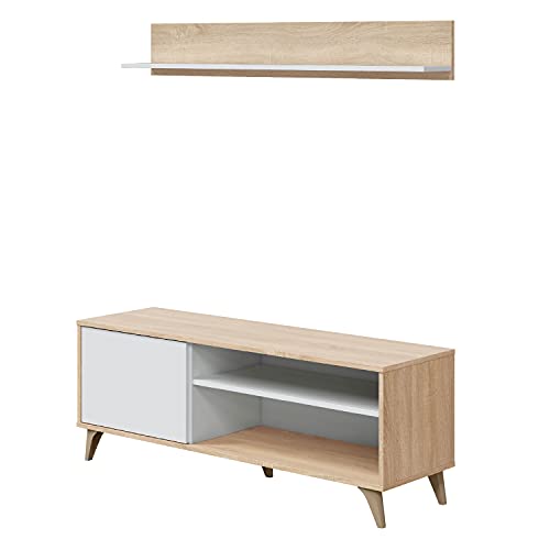 Modulo TV con Estante, Mueble de Salon, Juego de Muebles, Modelo Kikua Plus, Acabado en Blanco Artik y Roble Canadian, Medidas: 135 cm (Ancho) x 50 cm (Alto) 40 cm (Fondo)