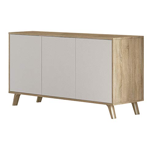 Mueble Aparador 3 Puertas, Buffet para Cocina y Comedor, Modelo Soto, Acabado en Color Cambria y Blanco, Medidas: 138 cm (Largo) x 39,5 cm (Fondo) x 70 cm (Alto)