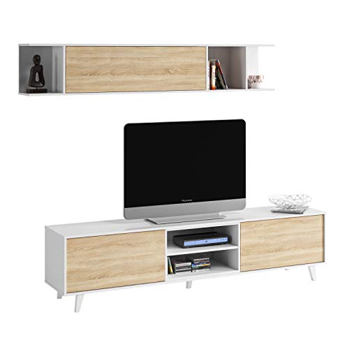 Mueble de salón, Comedor, Módulo TV + Estante, Modelo Zaiken Plus, Color Blanco Brillo y Roble Canadian, Medidas: 180 cm (Ancho) x 51 (Alto) x 41 cm (Fondo)