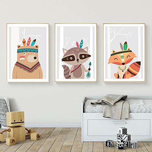 Nordic Ideas Juego de 3 Cuadros Infantiles Niño Pósteres Animales Láminas Zorro Oso Mapache Impresiones sobre Lienzo Decoración Habitación Bebé Pared Regalo Sin Marco NPTWC009-M