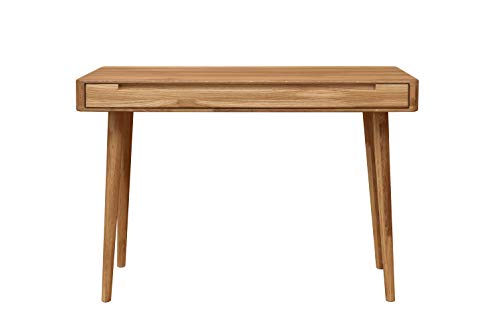 NORDICSTORY Escritorio con 1 Cajon Escandi, Madera Maciza Roble, Mesa Consola Tocador para Ordenador, Estudio Hogar Despacho Dormitorio, Diseno Original Estilo Nordico o Retro (Roble Natural)