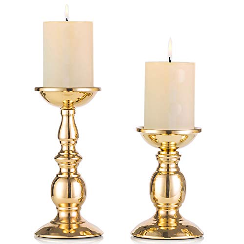Nuptio Candelero columnario del Hierro, candelero Decorativo de Mesa para Boda/Fiesta/cumpleaños, artículo para la Cena a Las Velas, candelero Retro para hogar (Oro, 16cm H + 22cm H)