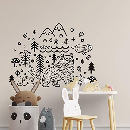 Pegatina de pared ESTILO NÓRDICO. Vinilo decorativo de ANIMALES. Lámina adhesiva GEOMÉTRICA con detalles de BOSQUE. Decoración infantil para Hogar, Niños, Bebés.