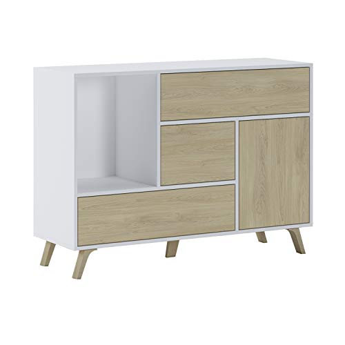 SelectionHome - Mueble Aparador Salon Comedor 1 Puerta y 3 cajones, Buffet, modelo Wind, color Blanco y Puccini, Medidas: 120 cm (largo) x 40 cm (fondo) x 85,6 cm (alto)