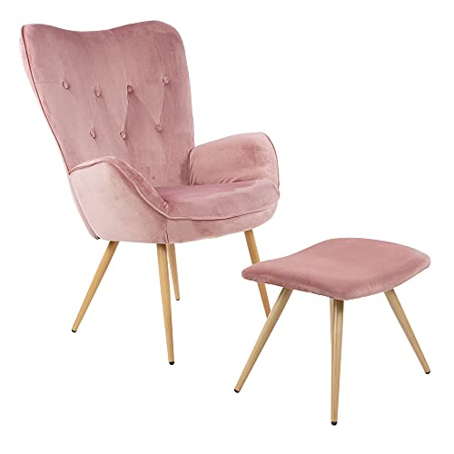 Sillón de Orejas Albatros con Taburete York, Rosa, Funda de Terciopelo, cómodamente tapizado, butaca para TV, sillón tapizado