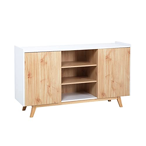 THINIA HOME Aparador para Salón, Cocina, Comedor, Recibidor, Buffet | Modelo Inma Mueble Aparador Blanco Nórdico de Madera Maciza | Aparador 2 Puertas y 7 Estantes | Medidas 140x40x80cm