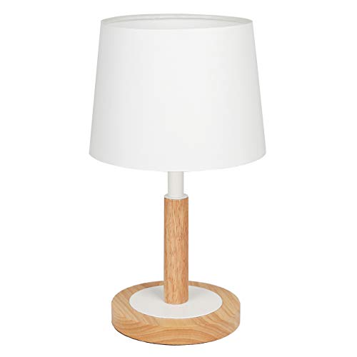 Tomons Lámpara de Cabecera en Madera, Trípode, Pantalla clásica en Tela, perfecta para Dormitorio, Sala de Estar, Estudio y Oficina, alto 39 cm, 1 x Bombilla LED de 4W incluida - Blanco