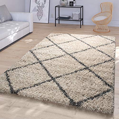 TT Home Alfombra Salón Pelo Largo Shaggy Diseño Moderno Rombos Escandinavo, Beige Gris, Gre:160x220 cm