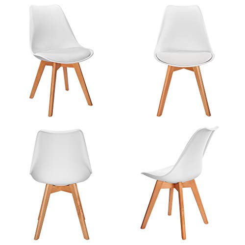 VADIM Lote de 4 sillas de Comedor escandinavas Cómodo Asiento tapizado Blanco Pies de Madera Almohadilla de Cuero sintético Sillas de Cocina nórdicas para su hogar Moderno o Vintage contemporáneo