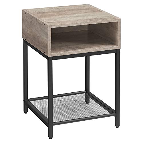 VASAGLE Mesita de Noche, Mesa Auxiliar con Compartimento Abierto y Estante de Malla, para Dormitorio, salón, Fácil Montaje, Ahorro de Espacio, Modelo Industrial, Greige y Negro LET046B02