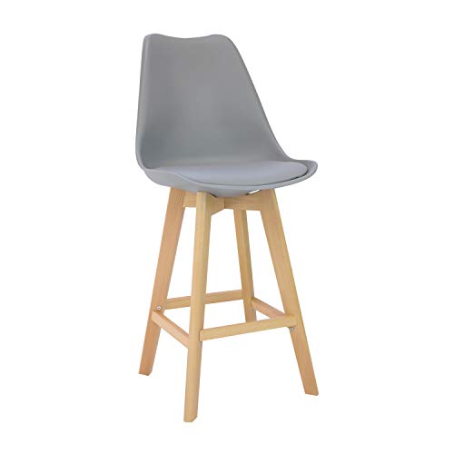 Vaukura Taburete Nórdico Alto con Patas de Madera y Asiento Acolchado (Gris)