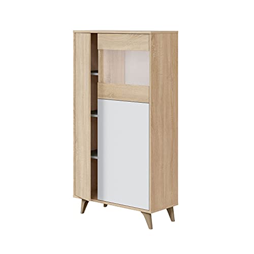 Vitrina con 3 Puertas, Bueffet para salón, Armario Auxiliar, Modelo Kikua Plus, Acabado en Blanco Artik y Roble Canadian, Medidas: 77 cm (Ancho) x 142 cm (Alto) x 33 cm (Fondo)