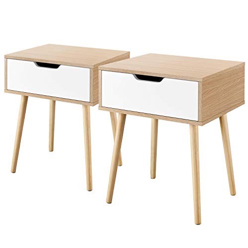 Yaheetech 2 X Mesitas de Noche con Cajón 48,4 x 40,7 x 57,5 cm de Madera para Dormitorio Sala de Estar Mesas Auxiliares de Estilo Moderno Mesillas Noche