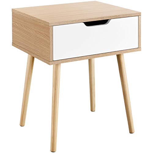 Yaheetech Mesita de Noche con Cajón de Estilo Moderno de Madera 48,4 x 40,7 x 57,5 cm Mesa Auxiliar Nórdica para Dormitorio Sala de Estar